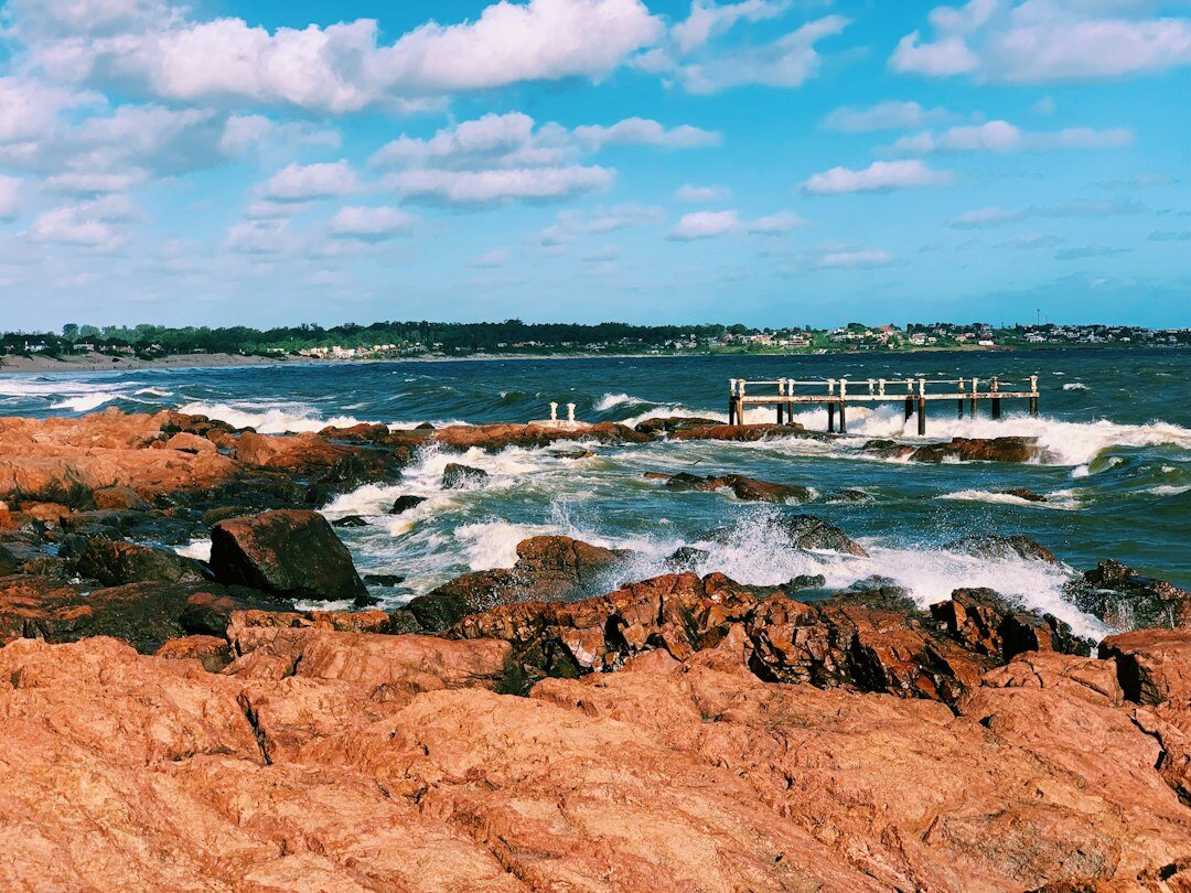 Wavy bridge Puente de la Barra in Punta del Este with a classic car crossing