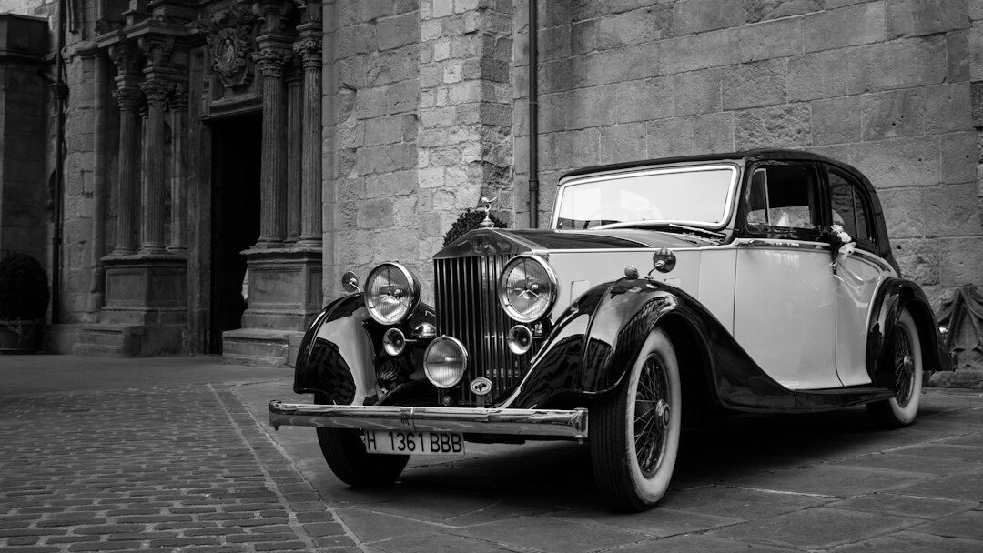 Black and white archival photograph of a vintage automobile from the 1950s