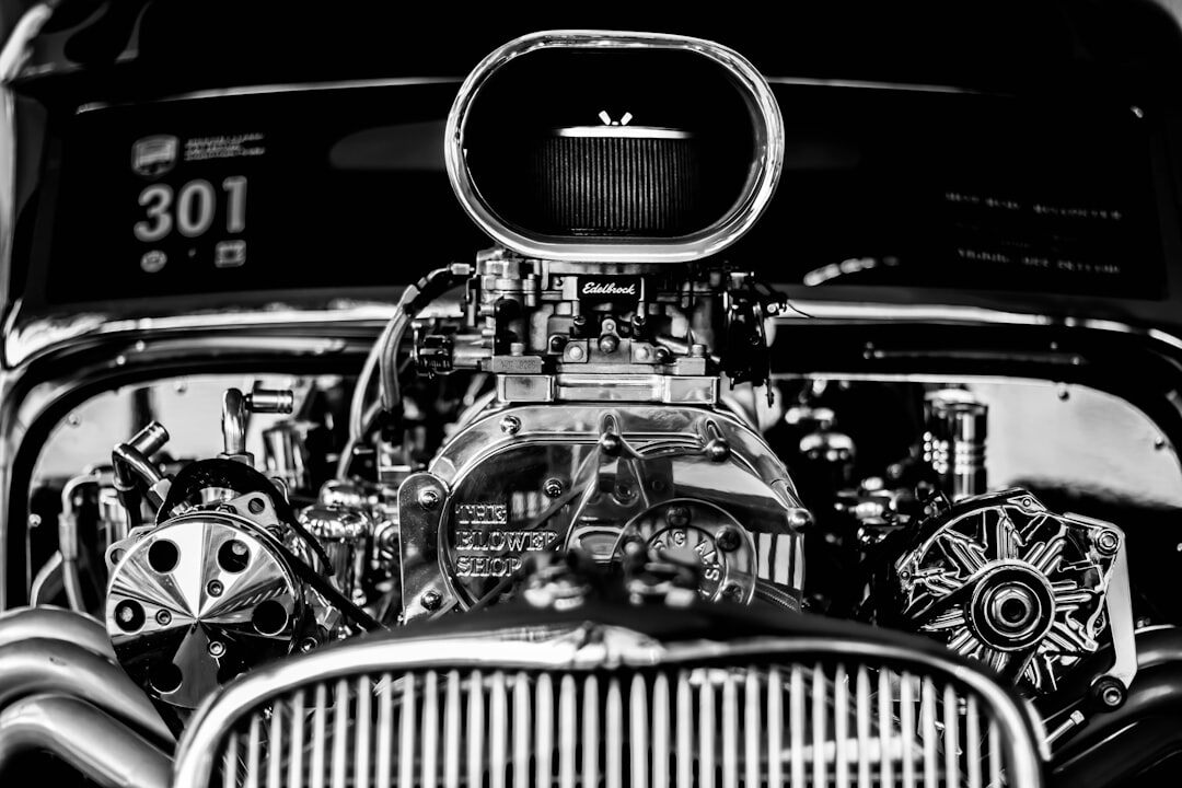 Close up of a polished vintage automobile engine bay